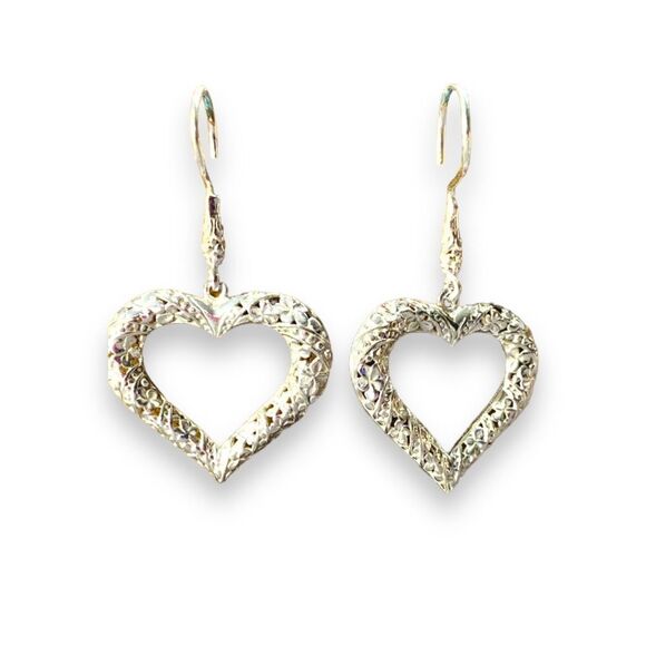 Sterling Silver Textured Open Hearts Filagree Dangle Earrings NEW - Picture 3 of 4